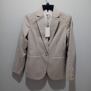 Striped Seersucker Blazer - Beige & White
